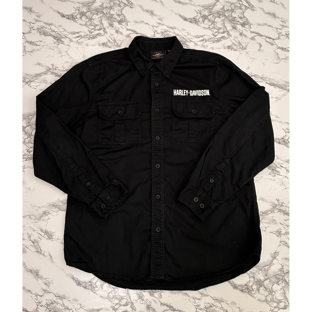 Harley-Davidson Mens Black Long Sleeve Button Down Shirt #1 Logo Graphic Large